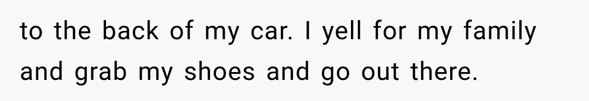to the back of my car. I yell for my family and grab my shoes and go out there.