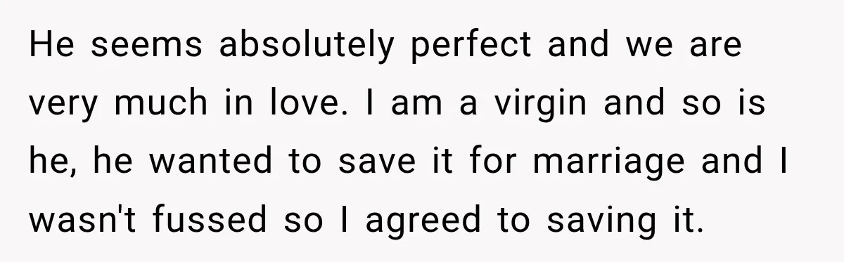He seems absolutely perfect and we are very much in love. I am a virgin and so is he, he wanted to save it for marriage and I wasn't fussed...