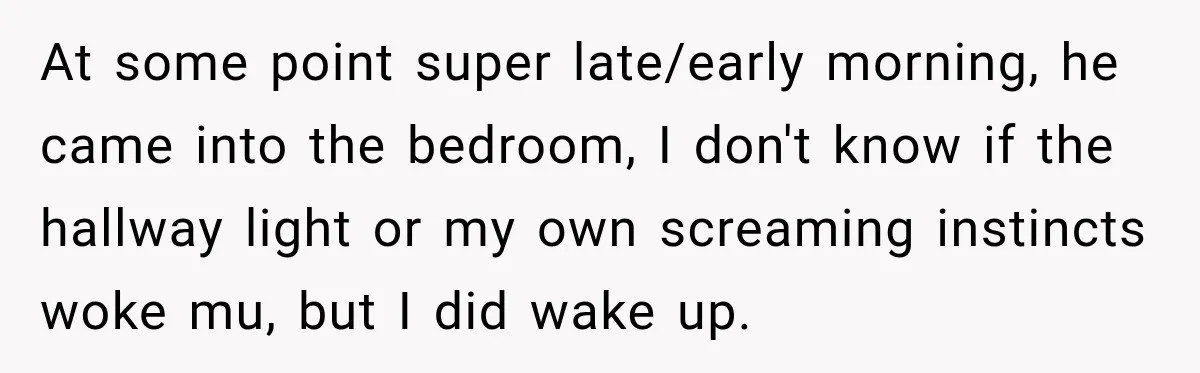 At some point super late/early morning, he came into the bedroom, I don't know if the hallway light or my own screaming instincts woke mu, but I did wake up.
