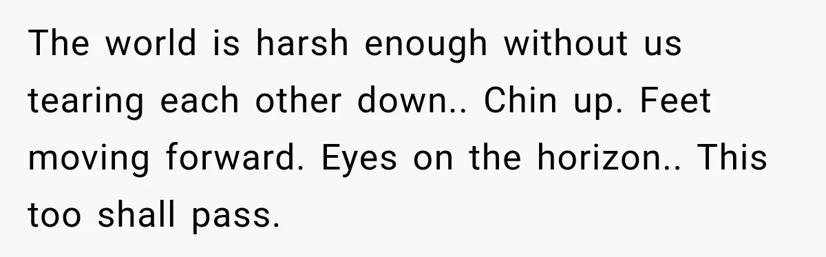 The world is harsh enough without us tearing each other down.. Chin up. Feet moving forward. Eyes on the horizon.. This too shall pass.