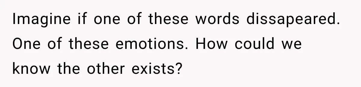 Imagine if one of these words dissapeared. One of these emotions. How could we know the other exists?