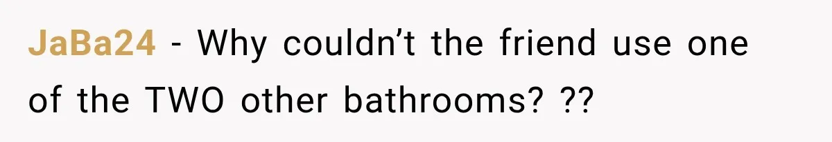 JaBa24 − Why couldn’t the friend use one of the TWO other bathrooms? ??