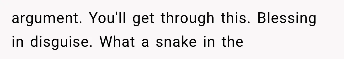 argument. You'll get through this. Blessing in disguise. What a snake in the