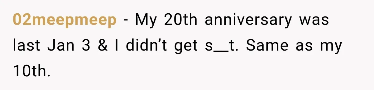 02meepmeep − My 20th anniversary was last Jan 3 & I didn’t get s__t. Same as my 10th.
