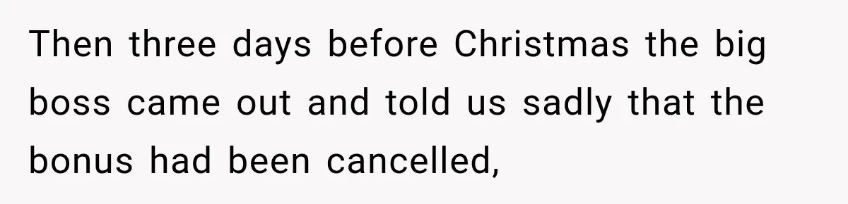 Then three days before Christmas the big boss came out and told us sadly that the bonus had been cancelled,