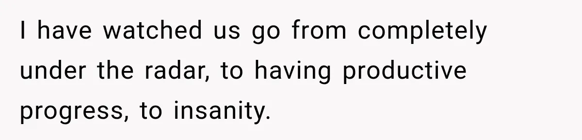 I have watched us go from completely under the radar, to having productive progress, to insanity.
