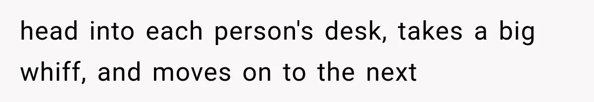 head into each person's desk, takes a big whiff, and moves on to the next