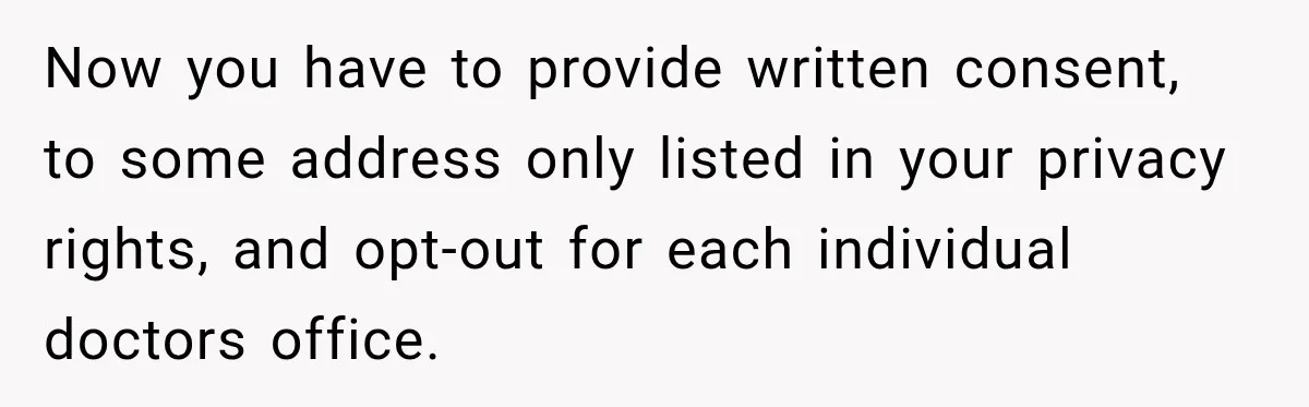 Now you have to provide written consent, to some address only listed in your privacy rights, and opt-out for each individual doctors office.