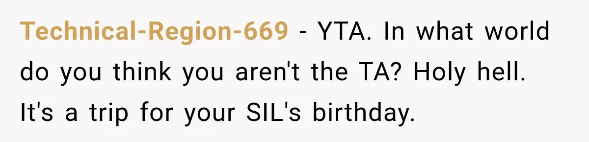 Technical-Region-669 − YTA. In what world do you think you aren't the TA? Holy hell. It's a trip for your SIL's birthday.