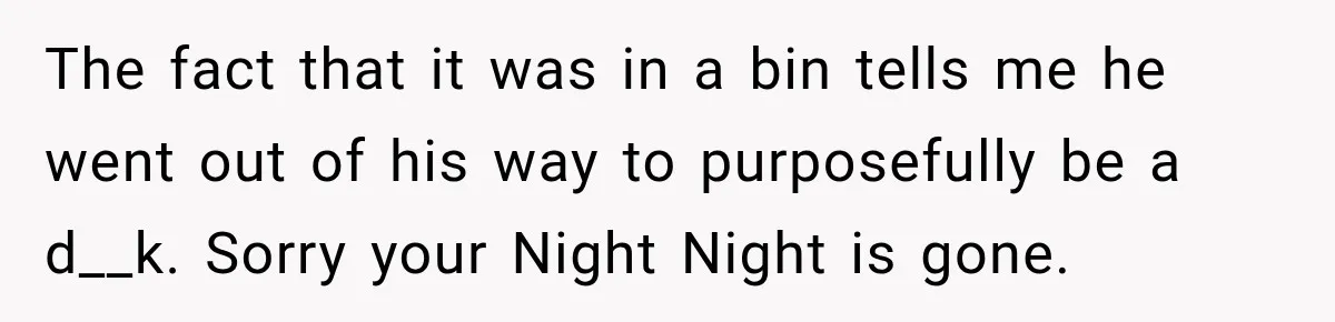 The fact that it was in a bin tells me he went out of his way to purposefully be a d__k. Sorry your Night Night is gone.