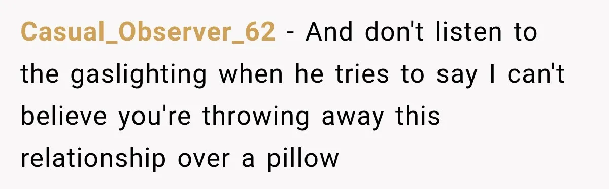 Casual_Observer_62 − And don't listen to the gaslighting when he tries to say I can't believe you're throwing away this relationship over a pillow