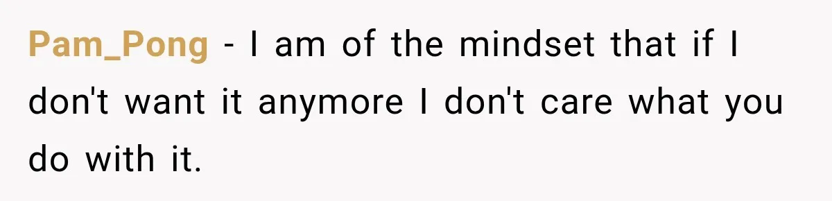 Pam_Pong − I am of the mindset that if I don't want it anymore I don't care what you do with it.