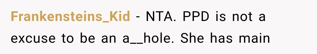 Frankensteins_Kid − NTA. PPD is not a excuse to be an a__hole. She has main