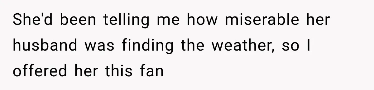 She'd been telling me how miserable her husband was finding the weather, so I offered her this fan
