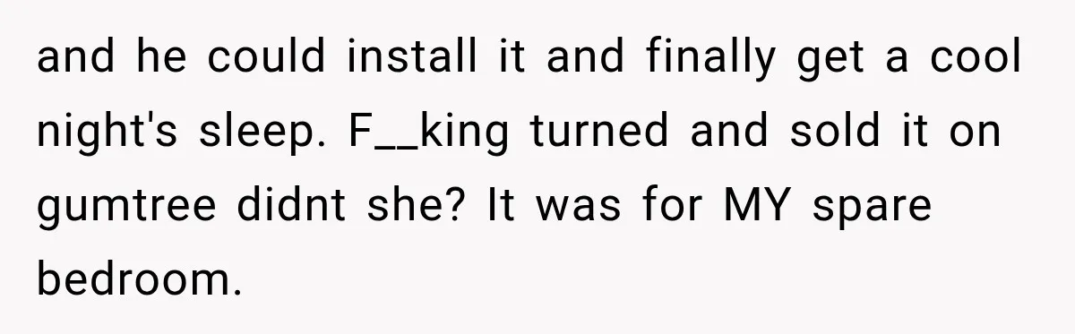 and he could install it and finally get a cool night's sleep. F__king turned and sold it on gumtree didnt she? It was for MY spare bedroom.