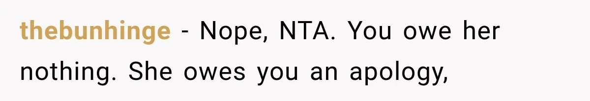 thebunhinge − Nope, NTA. You owe her nothing. She owes you an apology,