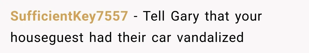 SufficientKey7557 − Tell Gary that your houseguest had their car vandalized