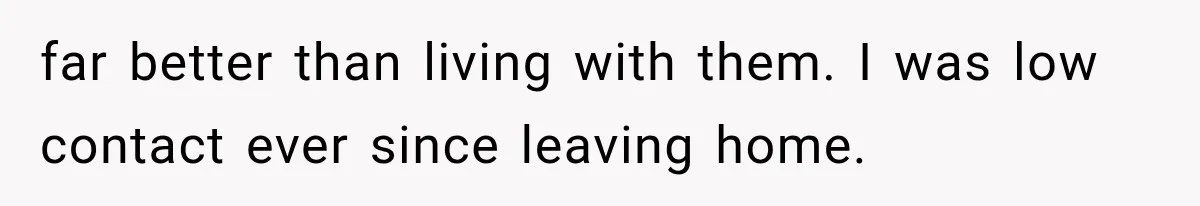 far better than living with them. I was low contact ever since leaving home.