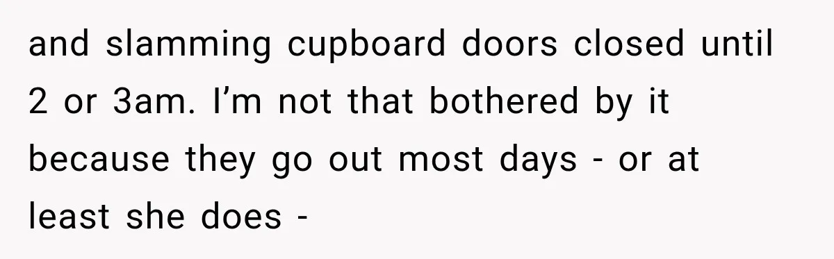 and slamming cupboard doors closed until 2 or 3am. I’m not that bothered by it because they go out most days - or at least she does -
