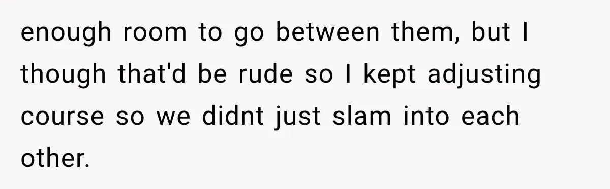 Woman Walks Straight Into A Man At Penn Station, Then Acts Like He’s The Problem enough room to go between them, but I though that'd be rude so I kept adjusting course so we didnt just slam into each other.