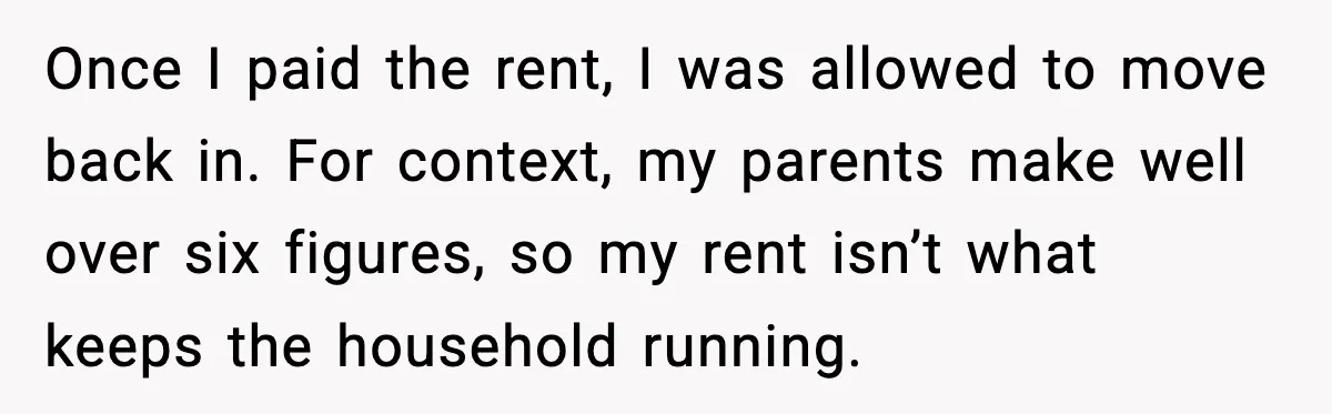 Once I paid the rent, I was allowed to move back in. For context, my parents make well over six figures, so my rent isn’t what keeps the household running.