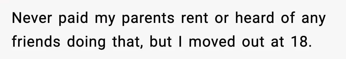 Never paid my parents rent or heard of any friends doing that, but I moved out at 18.