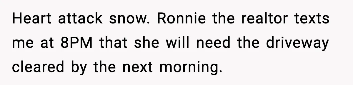 Heart attack snow. Ronnie the realtor texts me at 8PM that she will need the driveway cleared by the next morning.