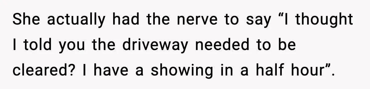 She actually had the nerve to say “I thought I told you the driveway needed to be cleared? I have a showing in a half hour”.