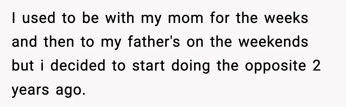 I used to be with my mom for the weeks and then to my father's on the weekends but i decided to start doing the opposite 2 years ago.