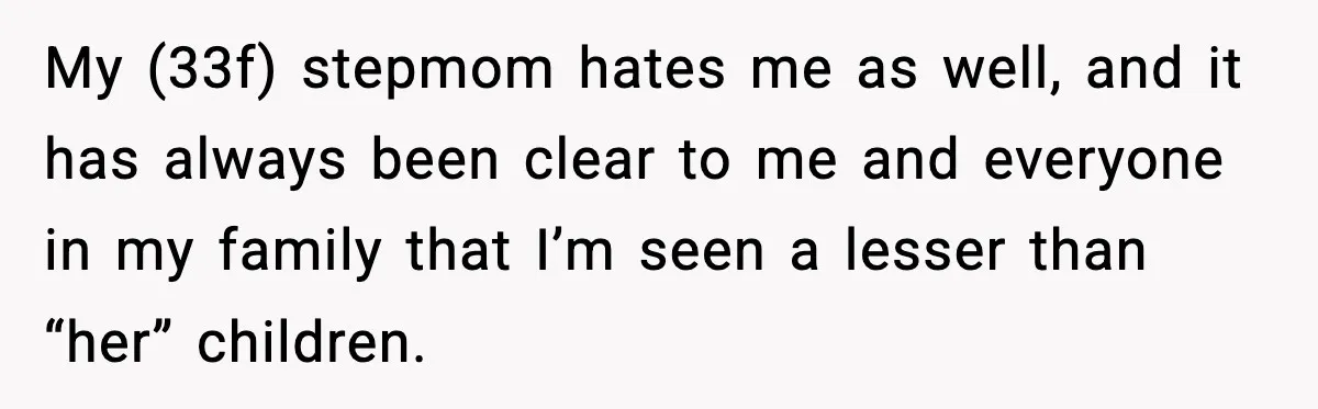 My (33f) stepmom hates me as well, and it has always been clear to me and everyone in my family that I’m seen a lesser than “her” children.