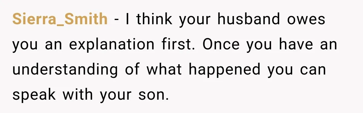 Sierra_Smith − I think your husband owes you an explanation first. Once you have an understanding of what happened you can speak with your son.