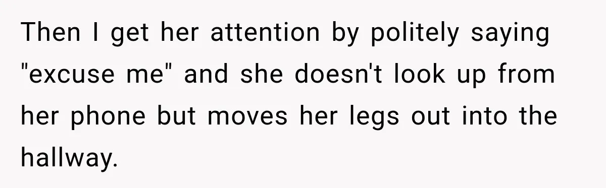 Woman Pretends To Sleep In A Stranger’s Plane Seat, Then Gets Called Out Before Takeoff Then I get her attention by politely saying "excuse me" and she doesn't look up from her phone but moves her legs out into the hallway.