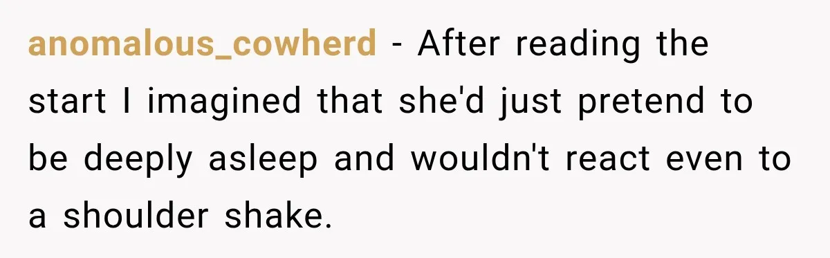 Woman Pretends To Sleep In A Stranger’s Plane Seat, Then Gets Called Out Before Takeoff anomalous_cowherd − After reading the start I imagined that she'd just pretend to be deeply asleep and wouldn't react even to a shoulder shake.