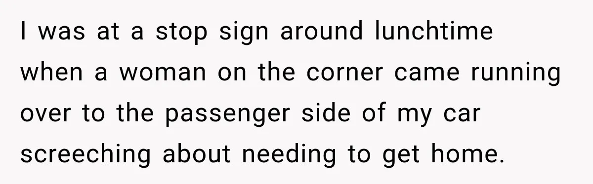 I was at a stop sign around lunchtime when a woman on the corner came running over to the passenger side of my car screeching about needing to get home.