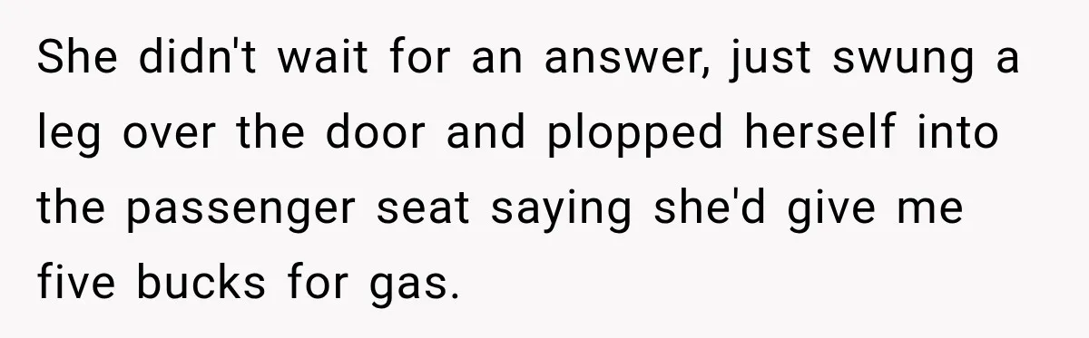 She didn't wait for an answer, just swung a leg over the door and plopped herself into the passenger seat saying she'd give me five bucks for gas.