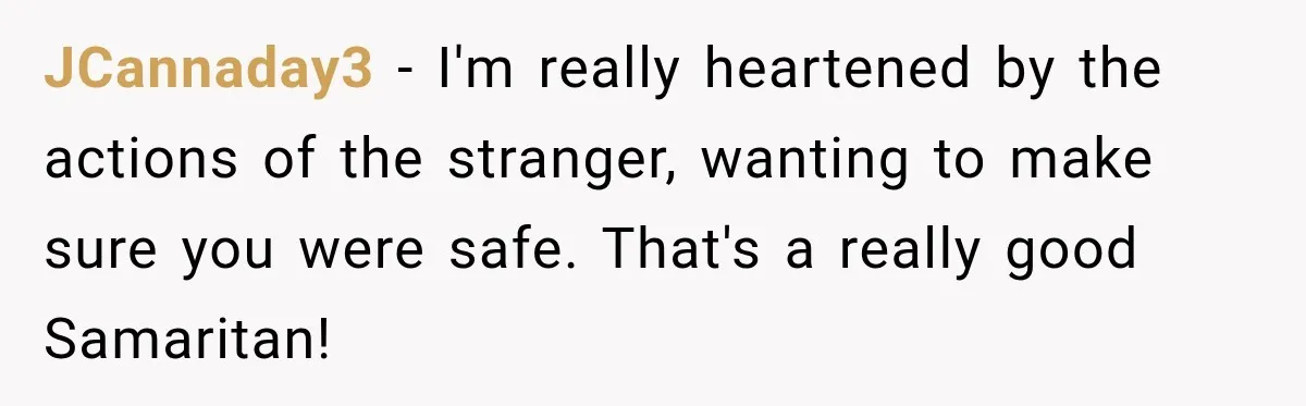 JCannaday3 − I'm really heartened by the actions of the stranger, wanting to make sure you were safe. That's a really good Samaritan!