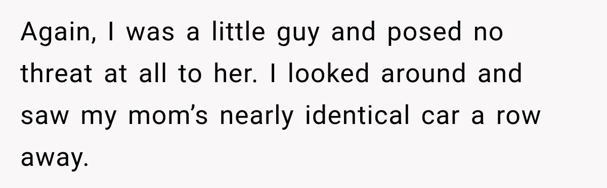 Again, I was a little guy and posed no threat at all to her. I looked around and saw my mom’s nearly identical car a row away.