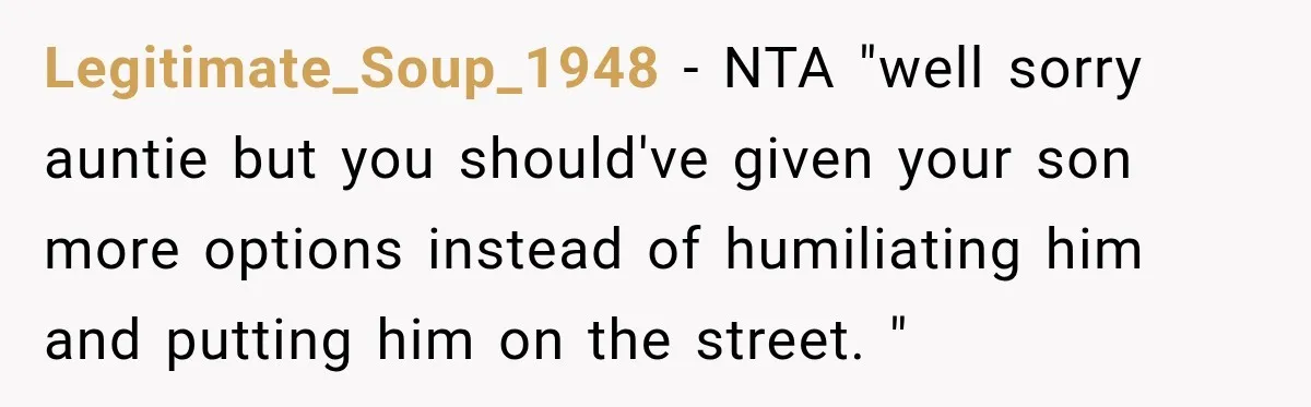 Legitimate_Soup_1948 − NTA "well sorry auntie but you should've given your son more options instead of humiliating him and putting him on the street. "