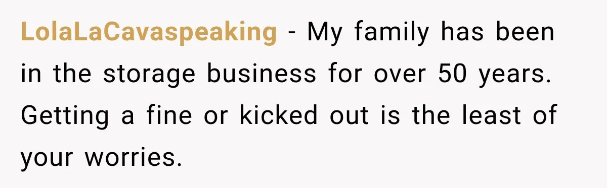 LolaLaCavaspeaking − My family has been in the storage business for over 50 years. Getting a fine or kicked out is the least of your worries.