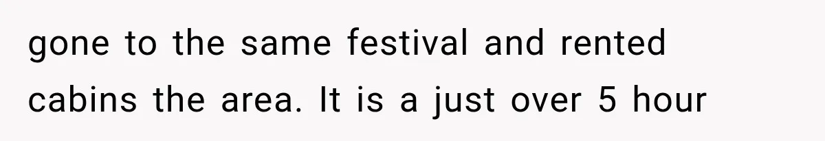 gone to the same festival and rented cabins the area. It is a just over 5 hour