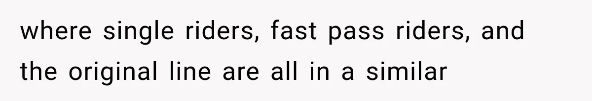where single riders, fast pass riders, and the original line are all in a similar
