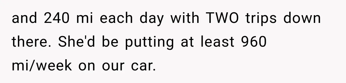 and 240 mi each day with TWO trips down there. She'd be putting at least 960 mi/week on our car.
