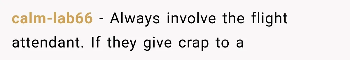 calm-lab66 − Always involve the flight attendant. If they give crap to a
