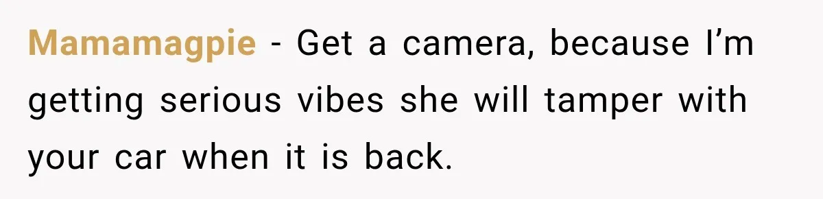 Mamamagpie − Get a camera, because I’m getting serious vibes she will tamper with your car when it is back.