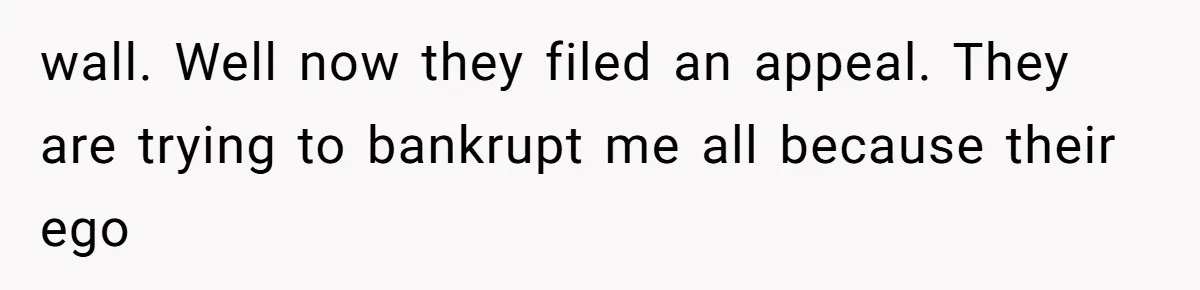 wall. Well now they filed an appeal. They are trying to bankrupt me all because their ego