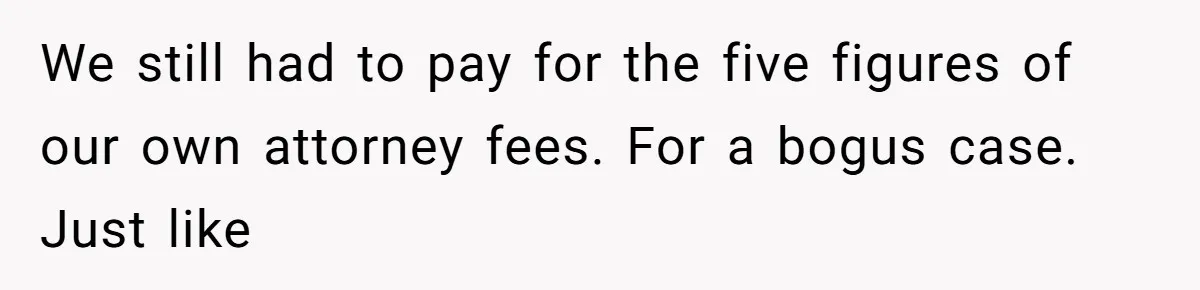 We still had to pay for the five figures of our own attorney fees. For a bogus case. Just like