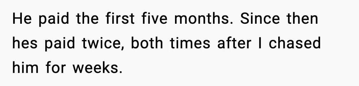 He paid the first five months. Since then hes paid twice, both times after I chased him for weeks.