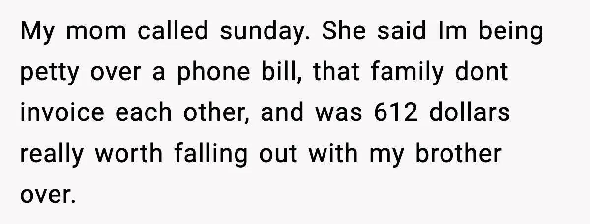 My mom called sunday. She said Im being petty over a phone bill, that family dont invoice each other, and was 612 dollars really worth falling out with my brother...
