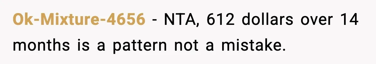 Ok-Mixture-4656 − NTA, 612 dollars over 14 months is a pattern not a mistake.