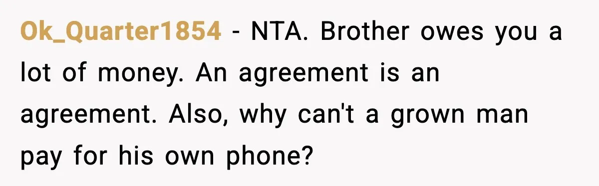 Ok_Quarter1854 − NTA. Brother owes you a lot of money. An agreement is an agreement. Also, why can't a grown man pay for his own phone?